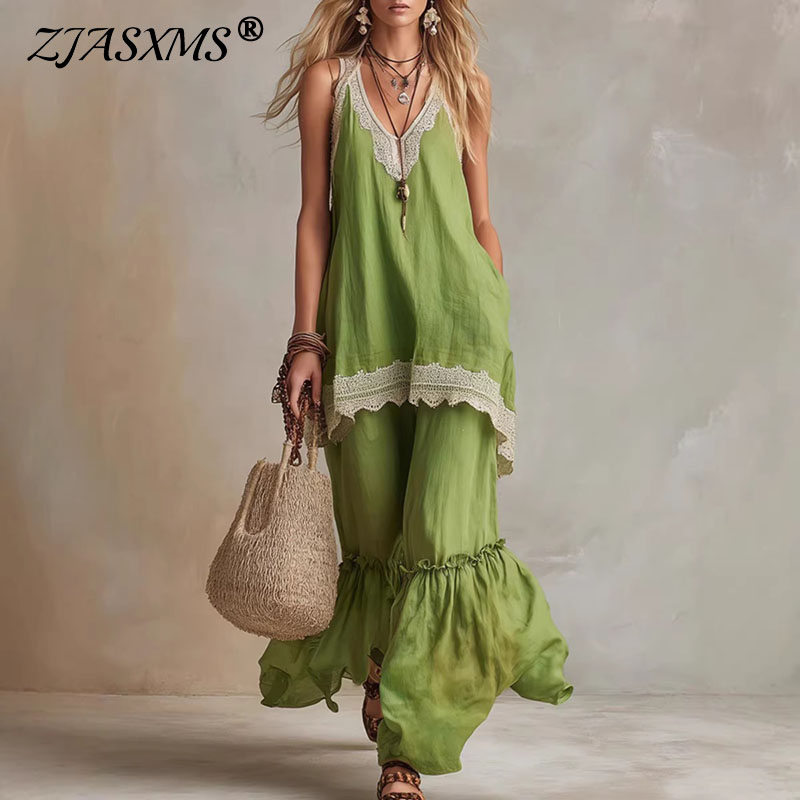 Wide Leg Palazzo Pants - Women Lace Trim 2 Piece Matching