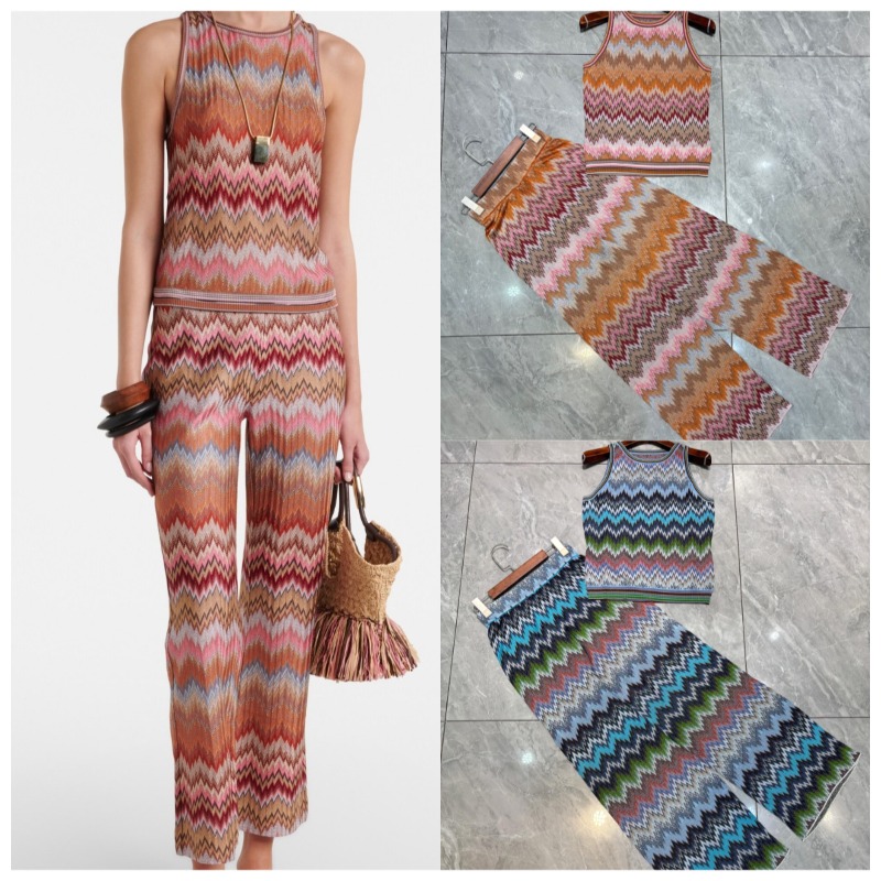 Wide Leg Palazzo Pants - Striped Knit Series Pants Set for