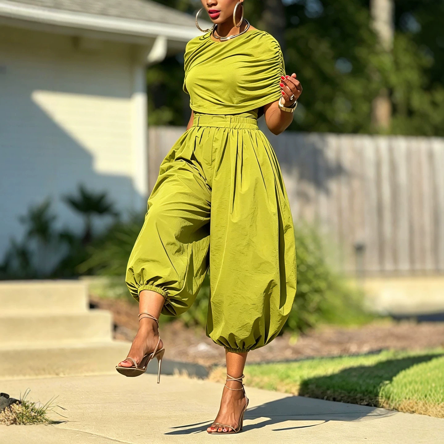 Wide Leg Palazzo Pants - Two Piece Matching Set Ruched Short