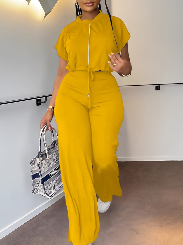 Wide Leg Palazzo Pants - Women Casual Round Neck Drawstring Short