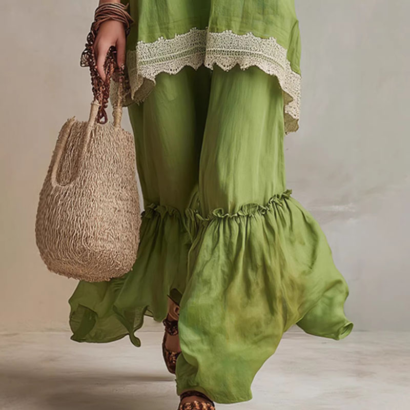 Women Lace Trim 2 Piece Matchi - огляд і ціна Wide Leg Palazzo Pants