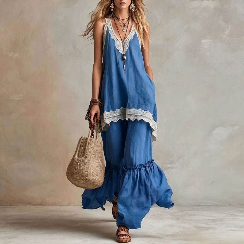 Women Lace Trim 2 Piece Matchi - огляд і ціна Wide Leg Palazzo Pants